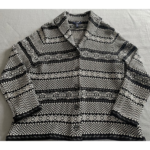 Chaps Sweaters - Chaps Womens Black White Fair Isle Shawl Collar Button Cardigan Sweater Large